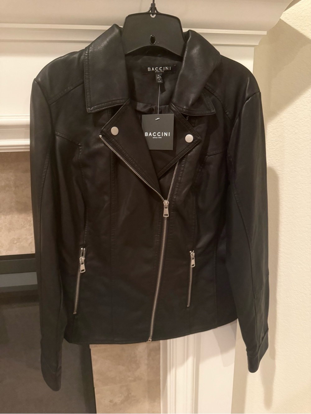 Baccini Black Leather Moto Jacket with Asymmetrical Zip